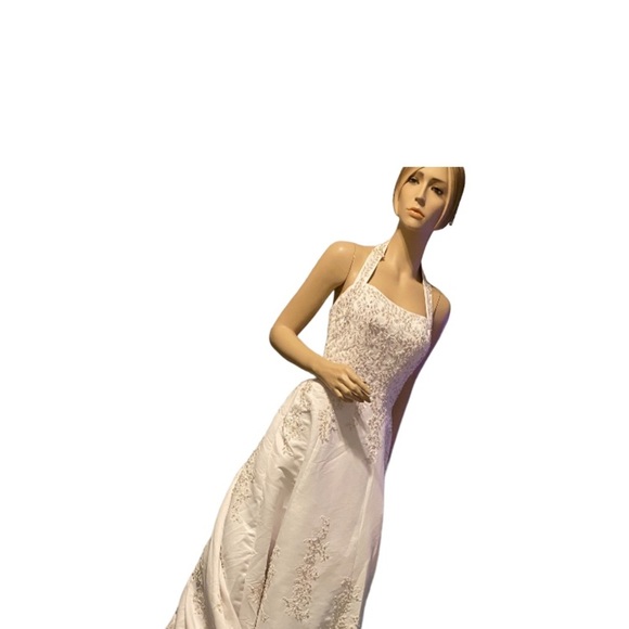 NWT Davids Bridal Michaelangelo White Halter A-Line Gown Beaded Lace Dress - Picture 9 of 11